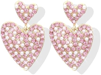 Pink Rhinestone Earrings for Women Rhinestone Heart Earrings Pink Heart Dangle Earrings Pearl Heart Earrings Mama Earrings Mothers Day Gifts Jewelry for Party Prom Dating Women Girls(heart pink)