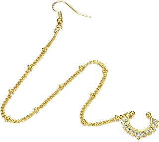 VCMART Fake Septum Rings Indian Septum Piercing Nose to Ear Chain Jewelry Diamond-Stud Dangle Nose Chain Piercing Jewelry Faux Nose Ring Chain Non Pierced Clip on Dangle Septum Earrings for Women