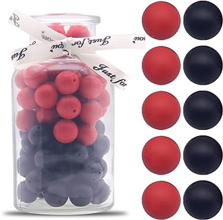100Pcs 15mm Silicone Beads Bulk Round Black Red Silicone Beads for Keychain Making Loose Silicone Beads Rubber Focal Silicone Beads for Pens Necklace Bracelet Lanyard Making (Black + Red)