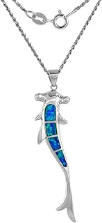 Sterling Silver Hammerhead Shark Pendant Necklace, Synthetic Opal with Blue & Pink CZ Accents, 20-inch Rope Chain with Spring Ring Clasp
