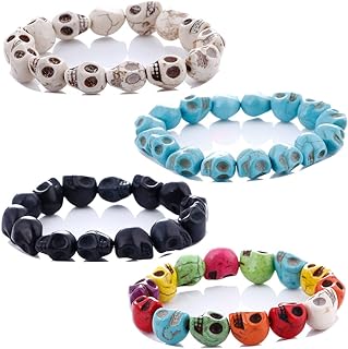 Skull Bead Bracelet+Stone Bead Chain - Elastic Adjustable Multicolored Bracelets for Men & Women - Unique Skull Design