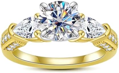 Moissanite 3 Stone Engagement Rings 3cttw D Color VVS1 Round and Pear Cut 14K Yellow Gold Plated 925 Sterling Silver Promise Anniversary Wedding Rings for Women