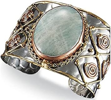 Anju Adjustable Cuff with Stainless Steel Base, Brass, Copper, and Amazonite Stone for Women