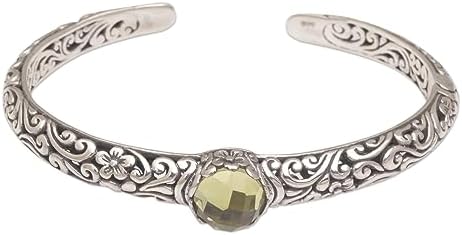 NOVICA Artisan Handmade Citrine Cuff Bracelet Artisan Crafted Sterling Silver Yellow Indonesia Floral Birthstone [6 in L (end to End) x 0.3 in W] ' Forest Nymph'