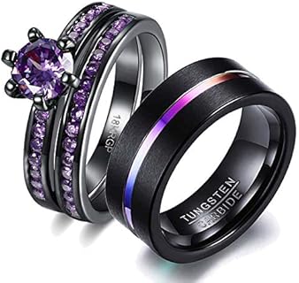 wedding ring set His Hers Couples Matching Rings Women's 18k Black Gold Filled Violet CZ Wedding Engagement Ring Bridal Sets & Men's Tungsten Carbide Wedding Band