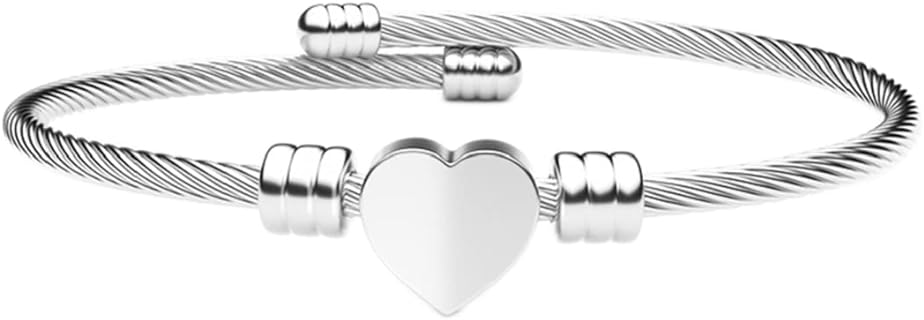 Shiny Cute Stainless Steel Love Heart Pendent Charm Adjustable Wrist Bracelet Bangle Cuff Fashion Jewelry for Women Lady Girl (Silver)