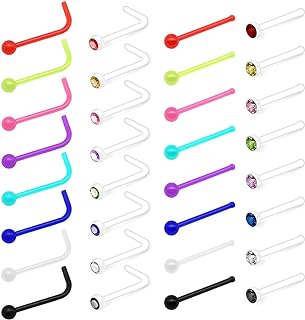 VCMART 20g Clear Nose Studs Plastic Nose Rings for Work Surgery Flexible Bone L Shaped Nose Studs Screw Bioflex Nose Ring Nose Nostril Piercing Retainer