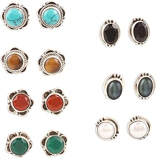 NOVICA Artisan Handmade Gemstone Stud Earrings Multigemstone .925 Sterling Silver Cultured Freshwater Pearl India Birthstone 'Everyday Pairs' (set of 7)