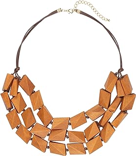 Chunky Collar Coiris 3-Layer Faceted Wood Beaded Necklace with Rope Chain and Lobster Clasp for Women