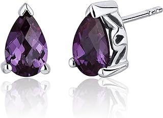 Peora Simulated Alexandrite Stud Earrings 925 Sterling Silver, Solitaire Scroll Gallery, 2 Carats Total Pear Shape 8x5mm, Friction Backs