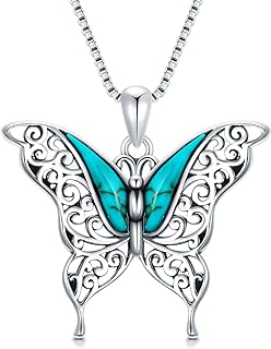Genuine Turquoise Butterfly Pendant Necklace with Box Chain, Sterling Silver Boho Vintage Style, Perfect Birthdays or Anniversary Gift for Women