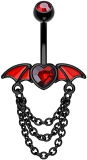 CM Crareesi Mania Bat Belly Button Ring 316L Surgical Steel Dangle Chain Belly Rings 14G Black Belly Piercing Jewelry for Halloween Heart CZ Belly Button Rings