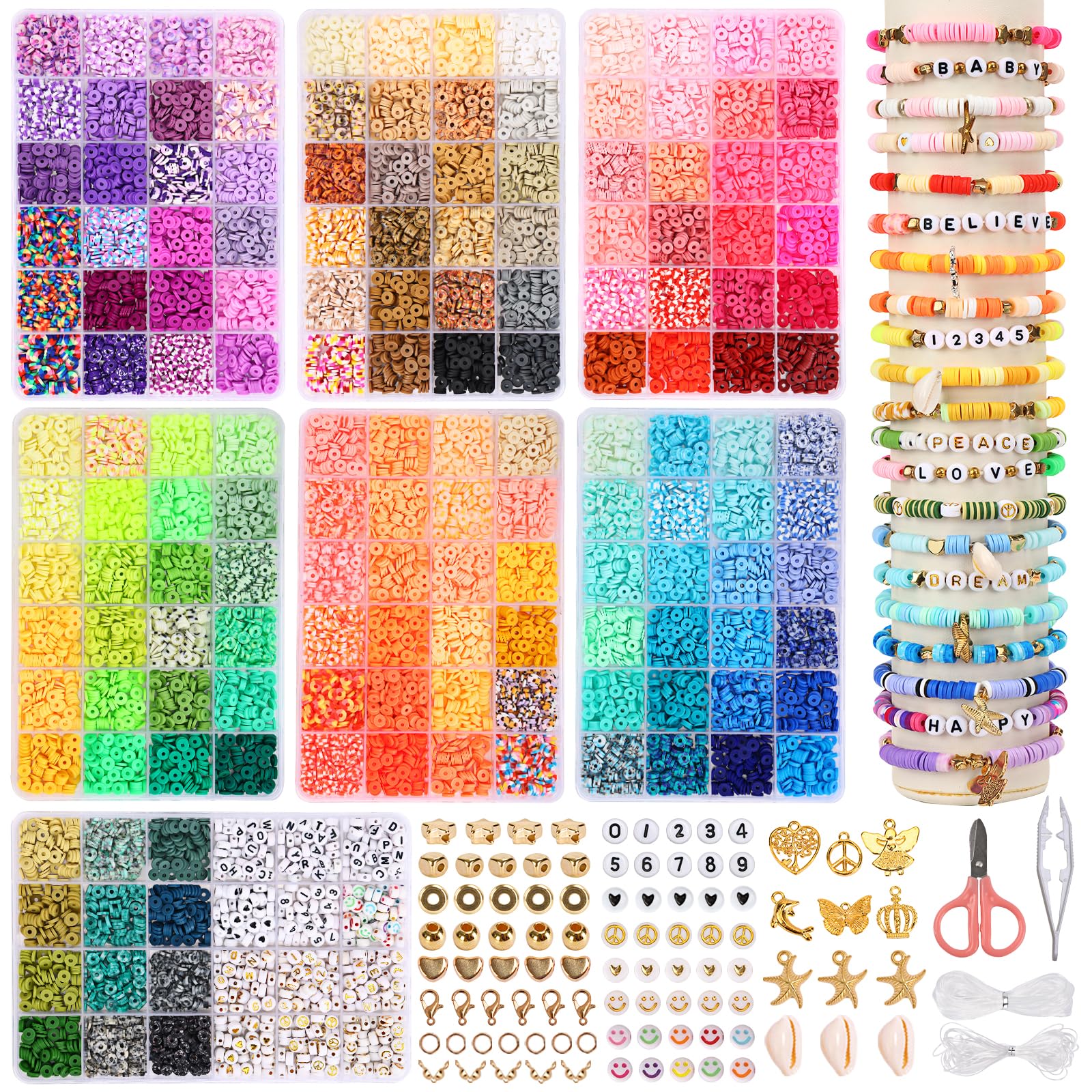 QUEFE Multicolor Flat Bead Bracelet Kit in Polymer with Charms for Creators - DIY Crafts Gift, Heishi Design