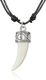 Slide Lock Rhodium-Plated Wolf Fang Resin Pendant Necklace with Cotton String for Men & Women, Curly Crown Design