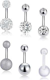 6Pcs Short Bar 14G Stainless Steel Belly Button Rings Navel Rings Bar CZ Body Piercing Women Girls 6MM Silver Rose Gold Tone