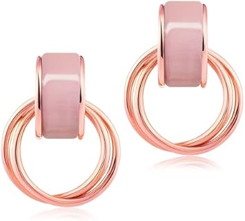 Rose Gold Hoop Earrings for Women with Pink White Green Opal, Thin Rose Gold Hoop Earrings for Summer Trendy, Dainty Dangle Hoop Earrings, Lightweight Hypoallergenic Earrings for Sensitive Ear