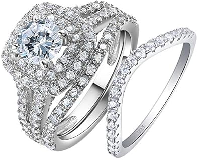 Newshe 2Ct Round Created Blue Sapphire Wedding Engagement Ring Set for Woman Curved Stackable Eternity Band Cz Size 7