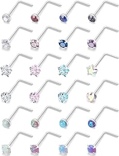 Stainless Steel 20G Twinkling 24-Piece Nose Ring Stud Set with Cubic Zirconia Accents for Men and Women, Including Unique Star and Heart Designs