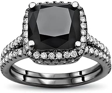 14k Black Gold Plated 925 Sterling Silver 2.50 Ct Cushion Cut Black & White Diamond Halo Engagement Ring Wedding Band Set