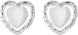 Heart Cat Eye Earrings for Women Girls 925 Sterling Silver Hypoallergenic Forever Love Small Stud Cartilage Piercing Earring Boho Hammered Jewelry Gifts for Birthday Wedding Valentine