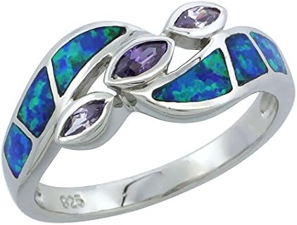 Sterling Silver Blue Synthetic Opal Marquise Bypass Ring for Women 3 Amethyst CZ Stones 3/8 inch