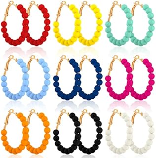 Boho Style Vibrant Colored Beaded Hoop Earrings Set, Acrylic Lightweight 9 Pairs Dangle Earrings for Women and Girls