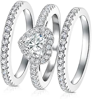 MDFUN Three-in-One Heart Halo Wedding Band Set Engagement Ring 18K White Gold Yellow Gold Plated Cubic Zirconia Promise Eternity Ring for Women Size 5-10