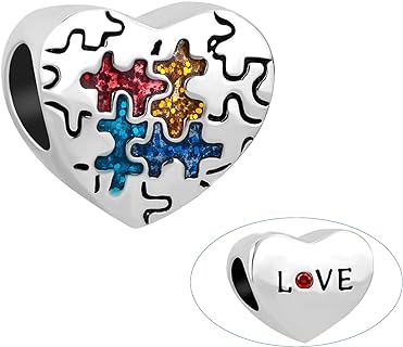 Copper Autism Awareness Enamel Charm - Puzzle Piece Design with Heart Love - Compatible with European Charm Bracelets - Ideal Gift for Loved Ones