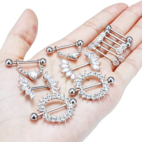 Lcolyoli 14G Surgical Steel Nipple Rings Nipple Shield Barbell Ring Bar Nipple Piercing Jewelry for Women Clear Diamond CZ Set