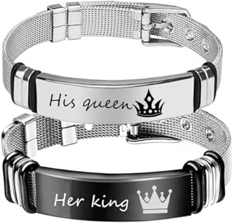 Stylish His Hers Couple Bracelets for 2, Women Men's King Queen Matching Mesh Bracelet, Love Promise Commitment Symbolic Cuff Bangle,Stainless Steel Spouse Jewelry Set for Valentines Day Anniversary