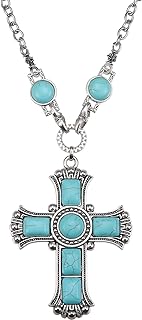 Western Style Silver-Tone Zinc Rolo Chain Necklace with Turquoise Gemstone Cross Pendant for Women and Teens