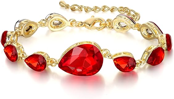Elegant Women's Ruby Bangle Bracelet with Lobster Claw Clasp and Crystal Gems in Teardrop Link Design for Weddings, Parties, Proms