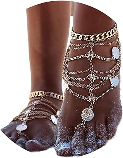 O3 Jeairts Punk Foot Jewelry Barefoot Sandals Gold Coin Ankle Bracelets Boho Tassel Anklets for Women and Girls(Pack of 2)(Gold)
