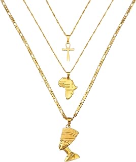14K Yellow Gold and 925 Sterling Silver Nefertiti Pendant Necklace - Ankh & Africa Map Design - Cable Chain Jewelry for Women & Girls, No Gemstone