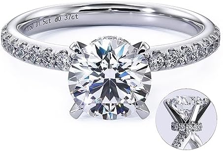 Hidden Halo Moissanite Rings for Women, 1.5ct Round D Color VVS1 Clarity Lab Created Diamond Rings 18K White Gold Vermeil Secret Halo Moissanite Engagement Rings for Women Wedding Rings Gifts