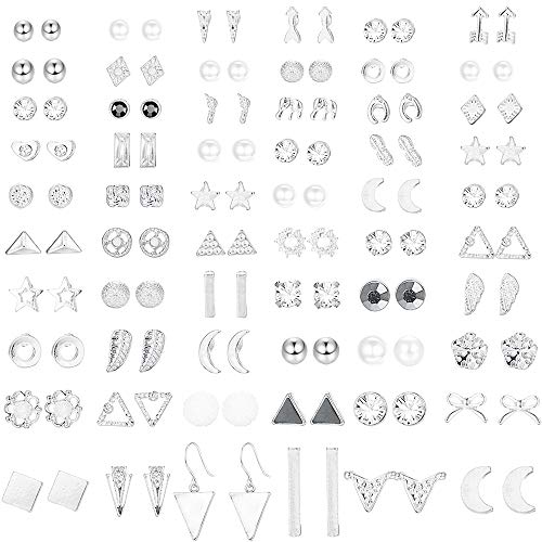 60 Pairs Gold Tone Stud Earrings for Women Men Triangle Square Circle Bar Star Moon Geometric Leaf Arrow Bow CZ Ball Faux Pearl Earrings Set