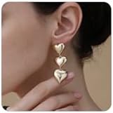 Gold Plated Tri-Heart Dangle Earrings with Brass Push-Back for Women and Girls