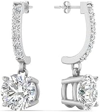 14K Gold 1 Carat Lab Grown Round Cut Diamond Hanging Solitaire Drop Earrings 10K/Silver For Women Very Good Cut Lab Created Diamond Push Back J Hoop Earrings (G-H, SI1-SI2, 1.10 Ctw)