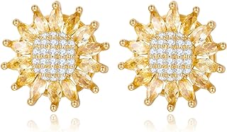 Gold Brass Sunflower Stud Earrings with Latch Back and Cubic Zirconia Gem for Women and Girls