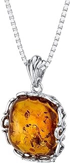 PEORA Genuine Baltic Amber Cushion Cut Pendant Necklace for Women 925 Sterling Silver, Rich Cognac Color, Designer Scroll Gallery with 18 inch Chain