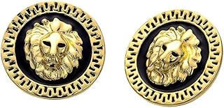 Unisex Sterling Silver Plated Lion Disc Stud Earrings with Secure Push Back - Hypoallergenic Punk Fashion Jewelry Gift for BFF Birthday & More