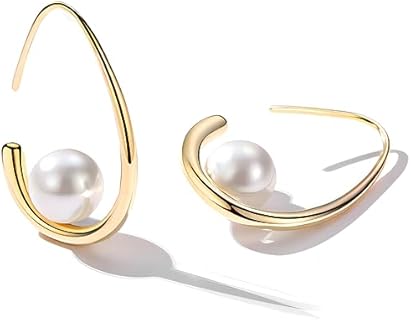 18K Plated Minimalist Pearl Hoop Earrings - Trendy Geometric Shaped Gold Pearl Earrings for Women, Girls Fashion Jewelry Gift