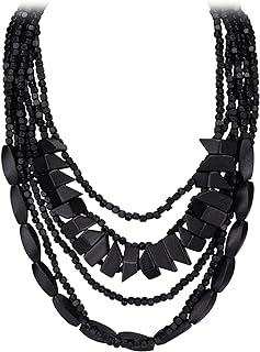 Flyonce Bib Statement Multi Layered Chunky Necklace, Vintage Boho Wood Beaded Strand Collar Necklace for Women Girls