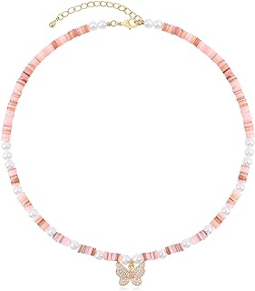 Pink Surfer Heishi Pendant Necklace for Women Girls, Bead Butterfly Choker Pearl Polymer Clay Beads Necklace Boho Beach Necklace Jewelry Summer Beach Party Gift