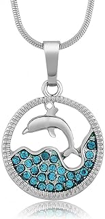 Charming Dolphin & Sea Motif Pendant Necklace with Blue Crystals on 16-inch Chain with Lobster Clasp
