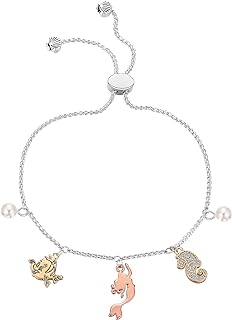Disney Bead Bracelet with Adjustable Bolo Clasp, Silver-Plated Crystal Accentuated Little Mermaid Charm, Perfect Jewelry Gift for Disney Lovers and Fashionistas