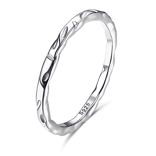 Milacolato S925 Sterling Silver Ring for Women Men 18K White Gold Plated Thin Plain Stackable Statement Thumb Rings High Polished Beveled Edge Twisted Wave Hammered Band Rings Comfort Fit Size 6 to 11, 1.5mm