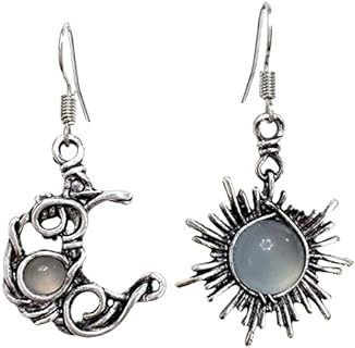 ANDPAI Unique Chic Abstract Hollow Black Vintage Silver Asymmetry Moon Star Sun Dangle Drop Earrings Black Moonstone Moon Hypoallergenic Earrings for Women Girls Teen Statement Jewelry Gifts
