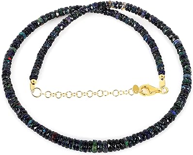 Ethiopian Opal Gemstone Beaded Necklace, Black Opal Birthstone, Healing Crystals Gift Jewelry 925 Silver Rose Gold Plated Chain 18 inch, 39 Cms