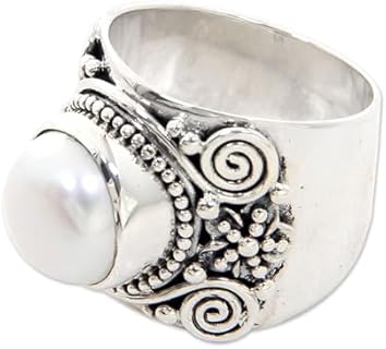 Handcrafted NOVICA Freshwater Pearl Flower Engagement Ring in Sterling Silver for Women, Round Design